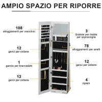 Specchio Portagioie a LED con 4 Scaffali e Spazi Portaoggetti, in Legno e Vetro, 15x15x61.75 cm, Bianco