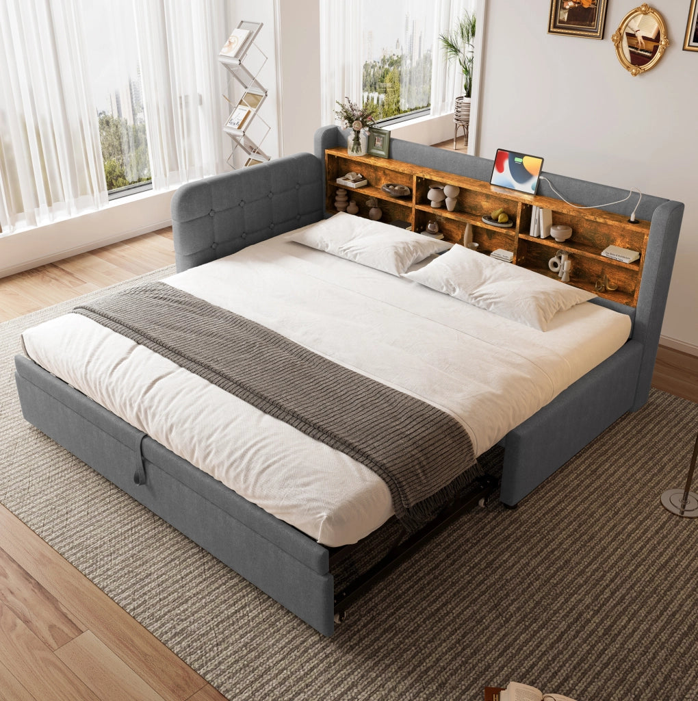 Letto daybed estraibile con testiera imbottita e prese di ricarica