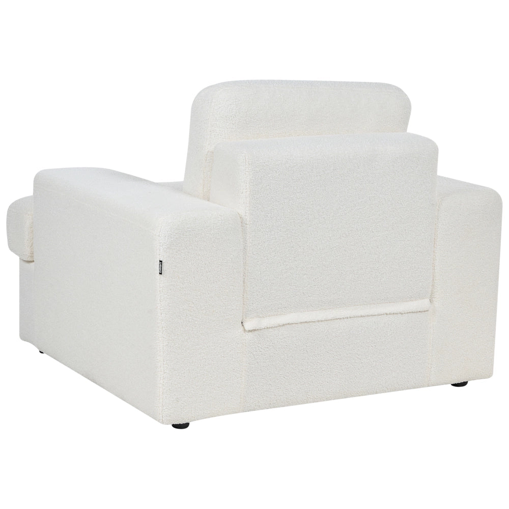Set da salotto in bouclé bianco imbottito a 4 posti con poltrona, schienale imbottito, divano classico per il soggiorno.