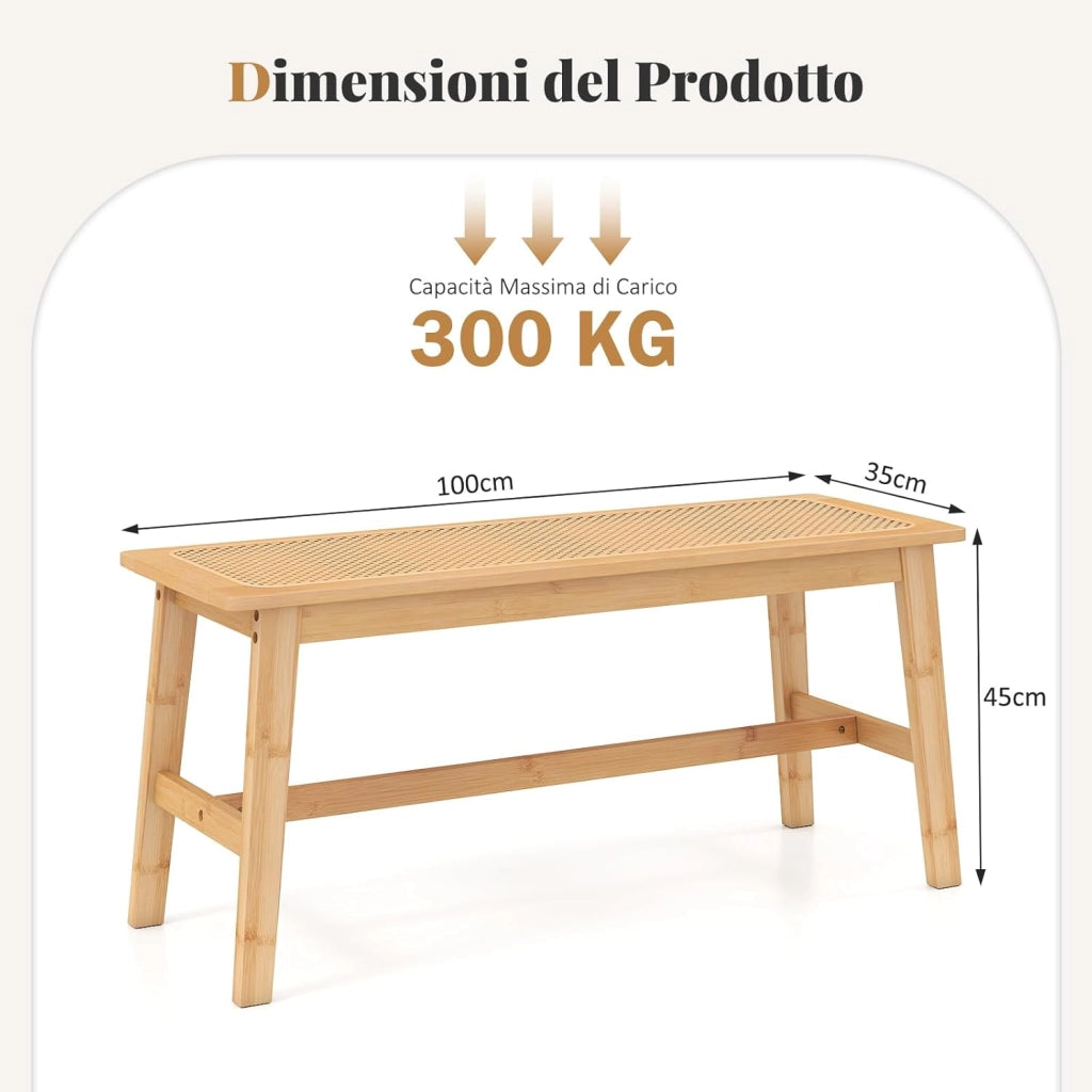 Panca da Pranzo 100 cm in Bambù Naturale, Panchina per 2 Persone con Seduta Rattan Intrecciato a Mano, Panca Stile Fattoria per Cucina, Bagno e Camera da Letto, Sgabello per Scarpe
