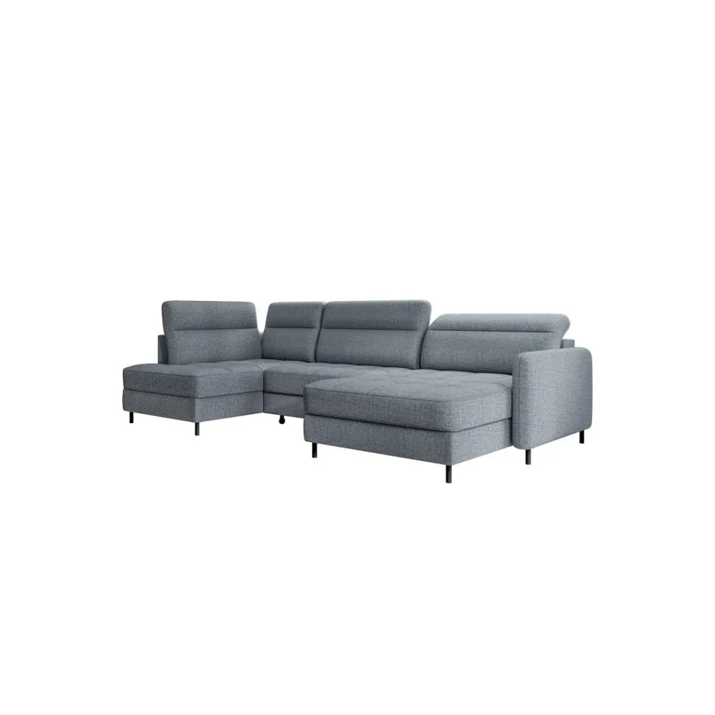 Divano angolare trasformabile BERTHO 306 cm blu grigio effetto melange – Angolo destro con contenitore