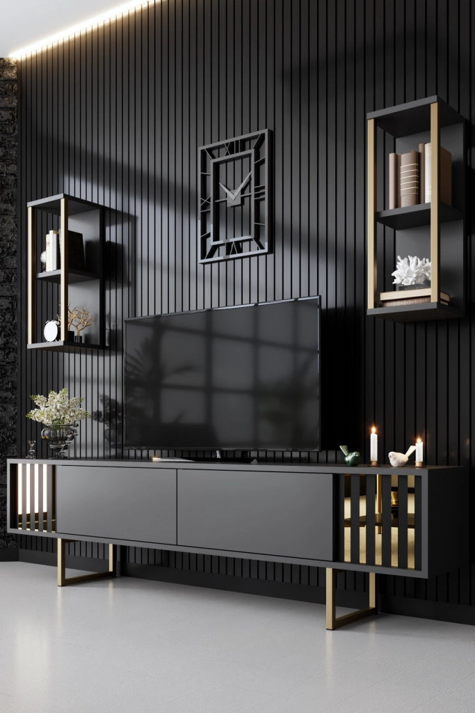 Porta TV in legno "Gold Line" - 180 x 30 x 48 cm - Nero antracite