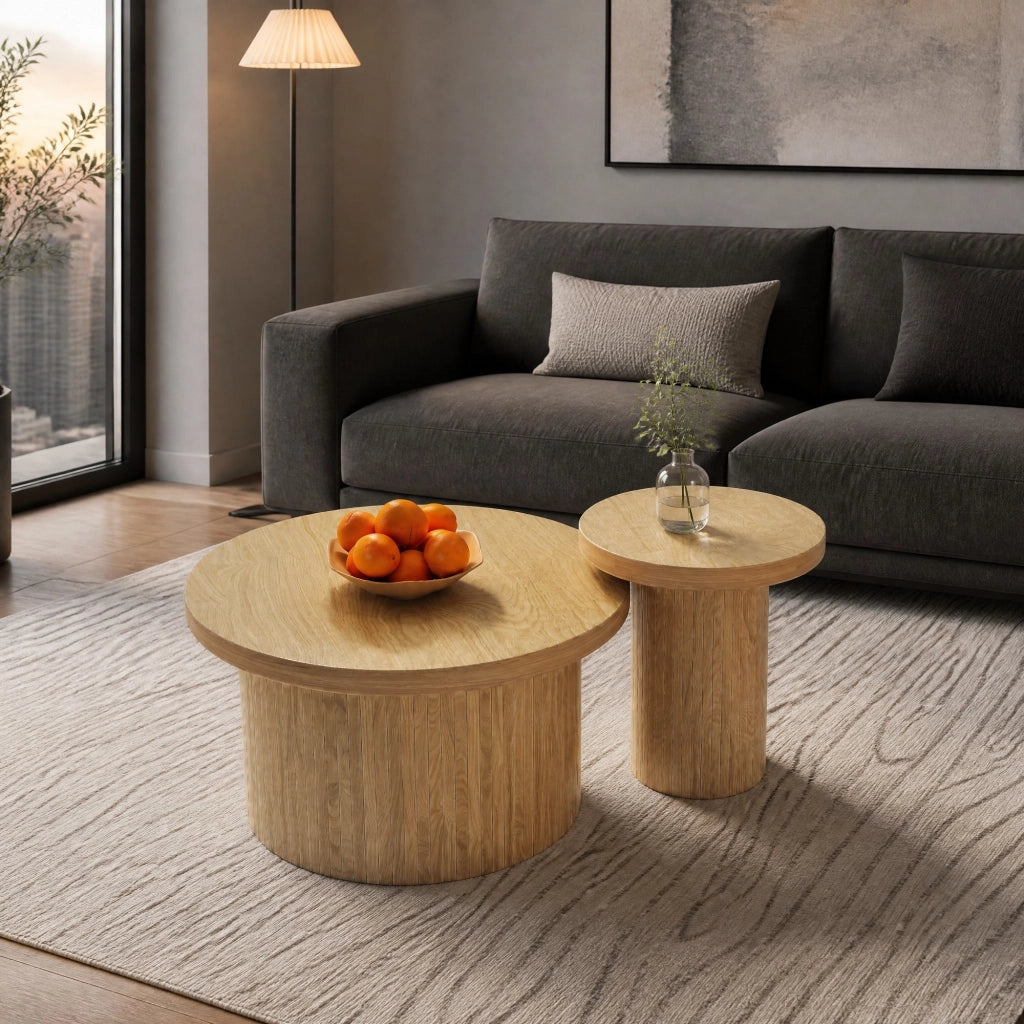 Set di 2 tavolini rotondi in MDF effetto legno naturale