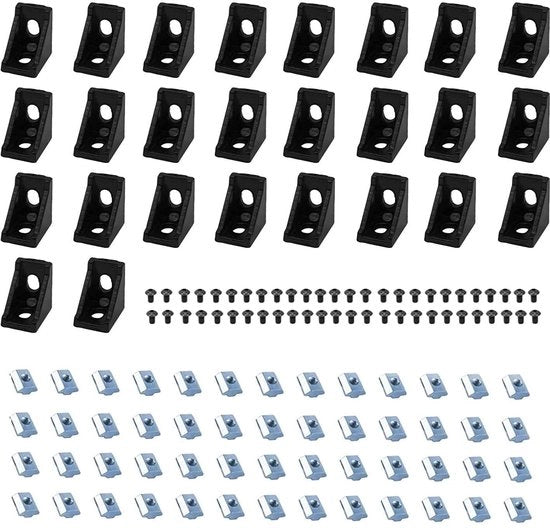 Set di supporti angolari 26 pezzi - 52 pezzi viti M5 a testa T - 52 pezzi viti M5 x 8 mm a testa a 6 facce - 2 pezzi chiavi a 6 facce M3 - Lega di alluminio - Adatto alla serie 2020 - Set di supporti angolari