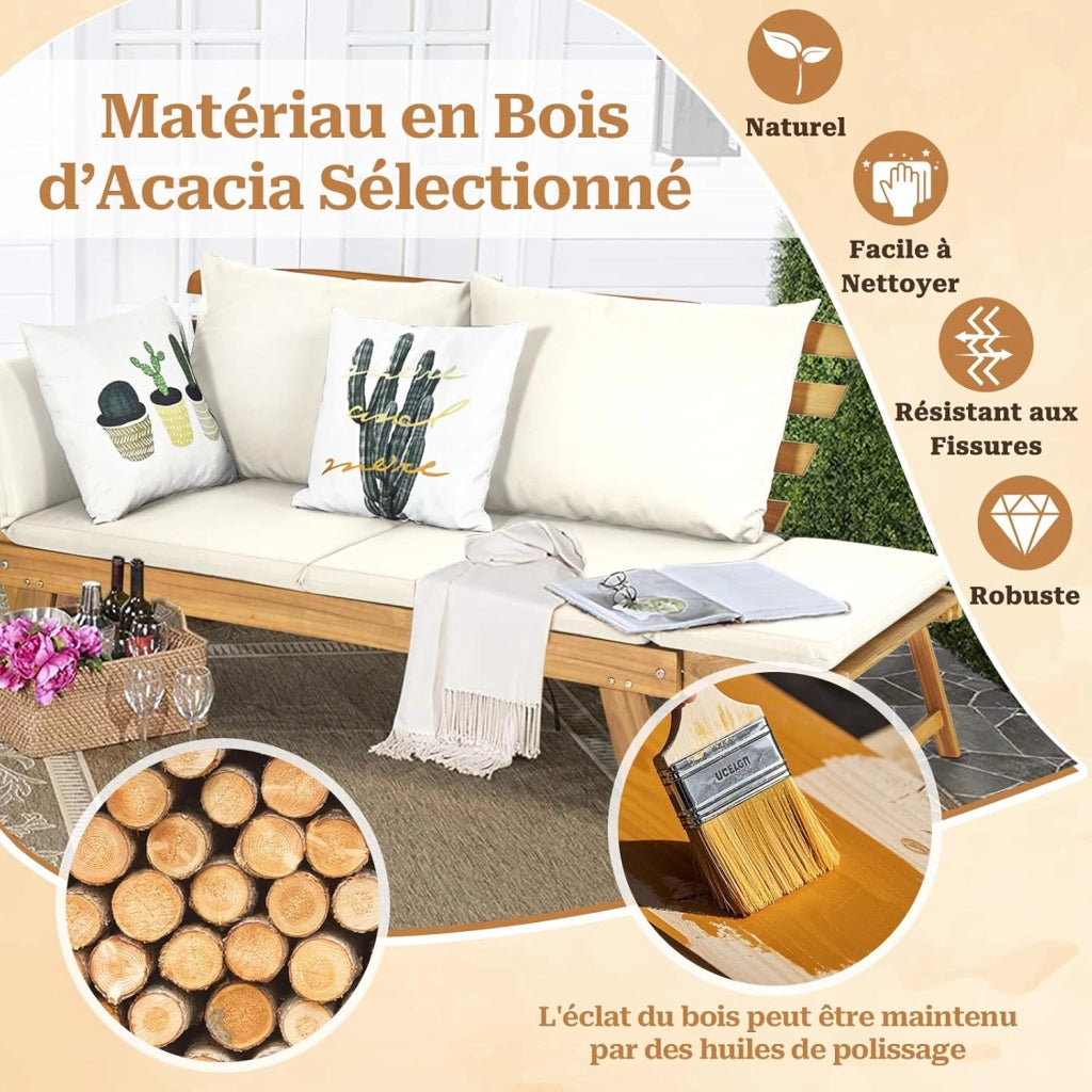 3 in 1 Divano convertibile Letto Giardino Esterno, Divano 2-4 Posti in Legno di Acacia con Cuscini di Schienale e Seduta Spessa Rimovibile, Carico 320KG, per Balcone Terrazza, Bianco
