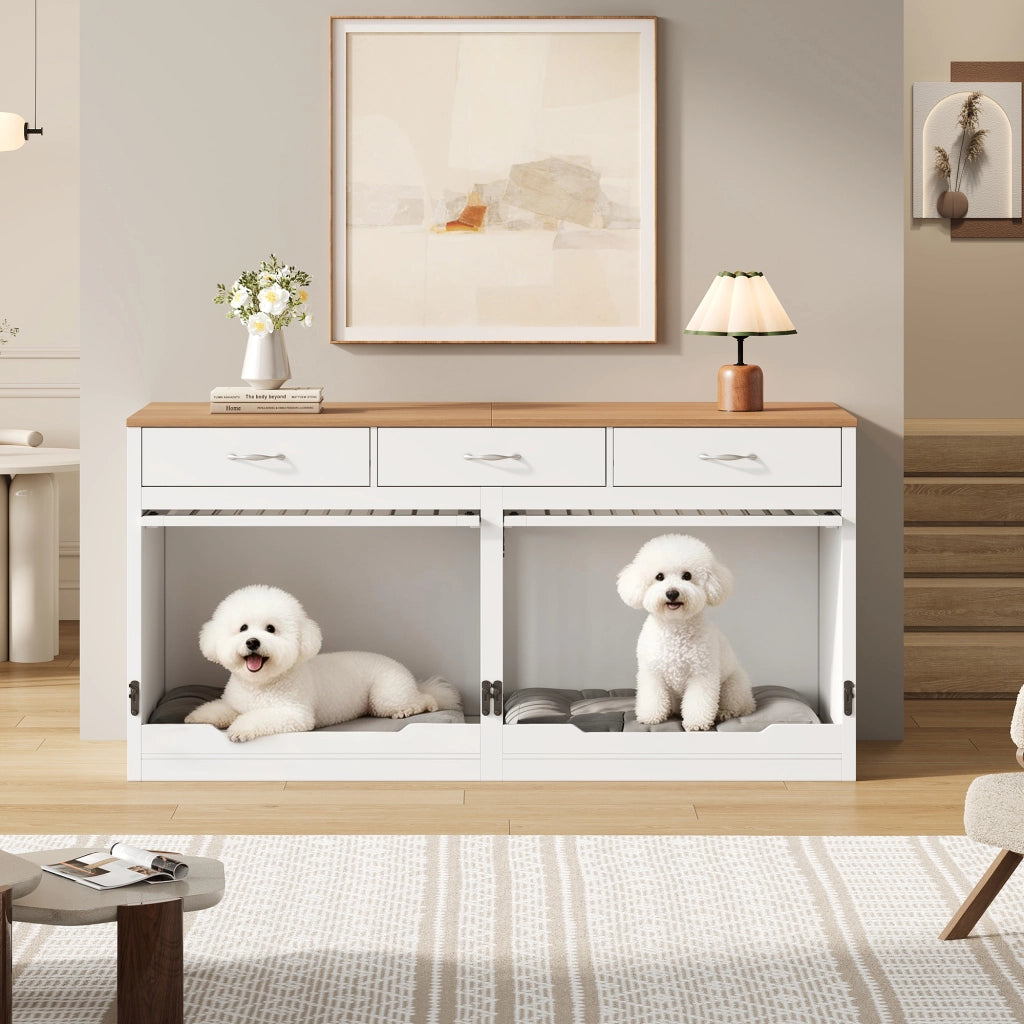 GABBIA PER CANI 164x60x81 cm MDF e metallo Bianco e naturale per 2 cani