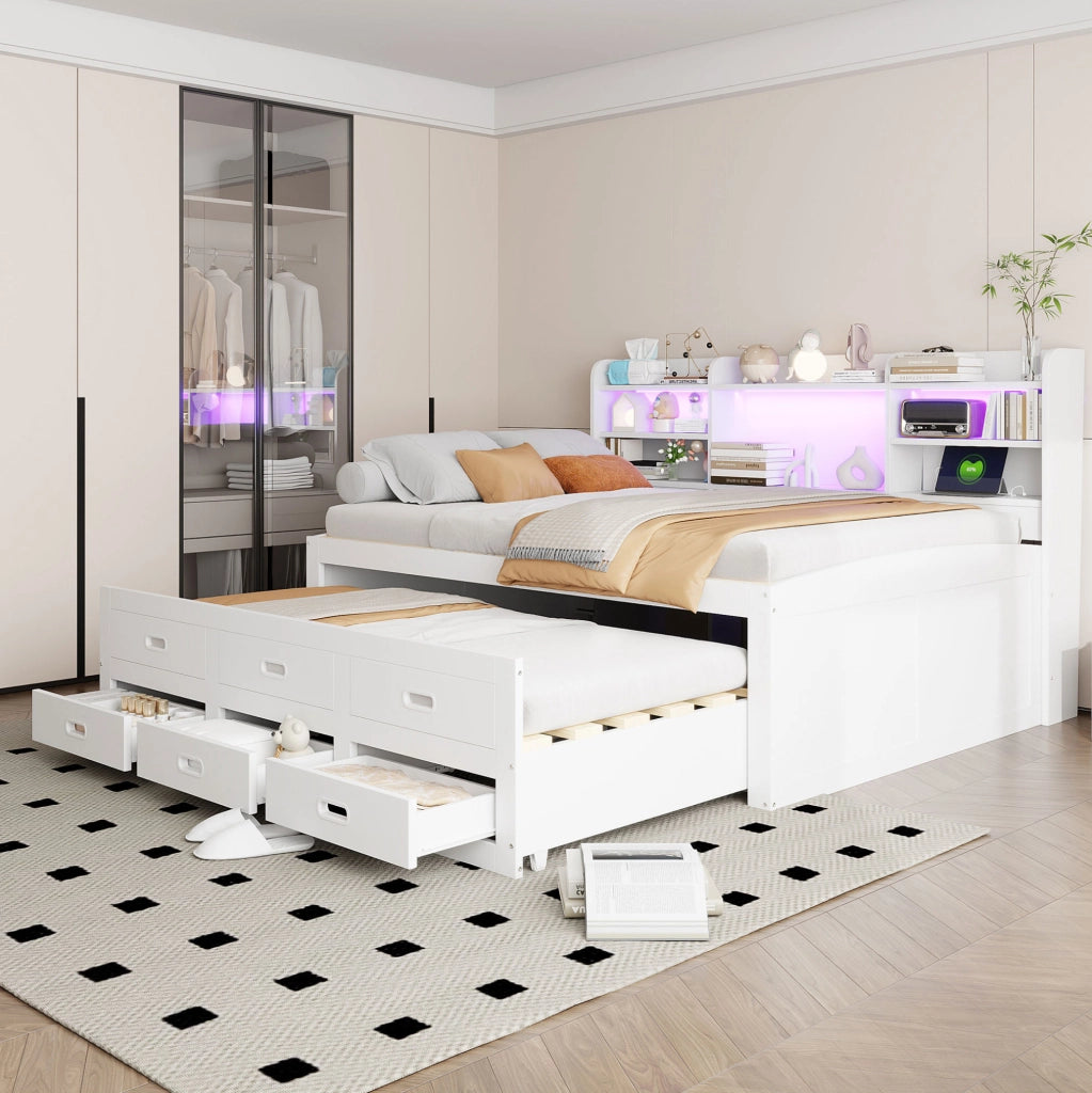 Letto multifunzionale estraibile 140x200 cm con LED; 3 cassetti; USB e Type-C; bianco