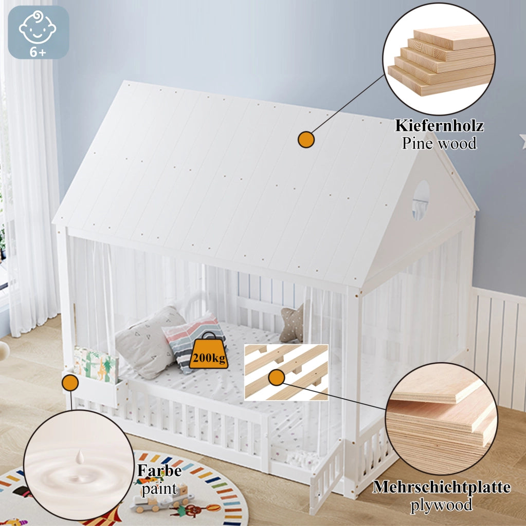 Letto singolo per bambini 140x200 cm bianco con tende