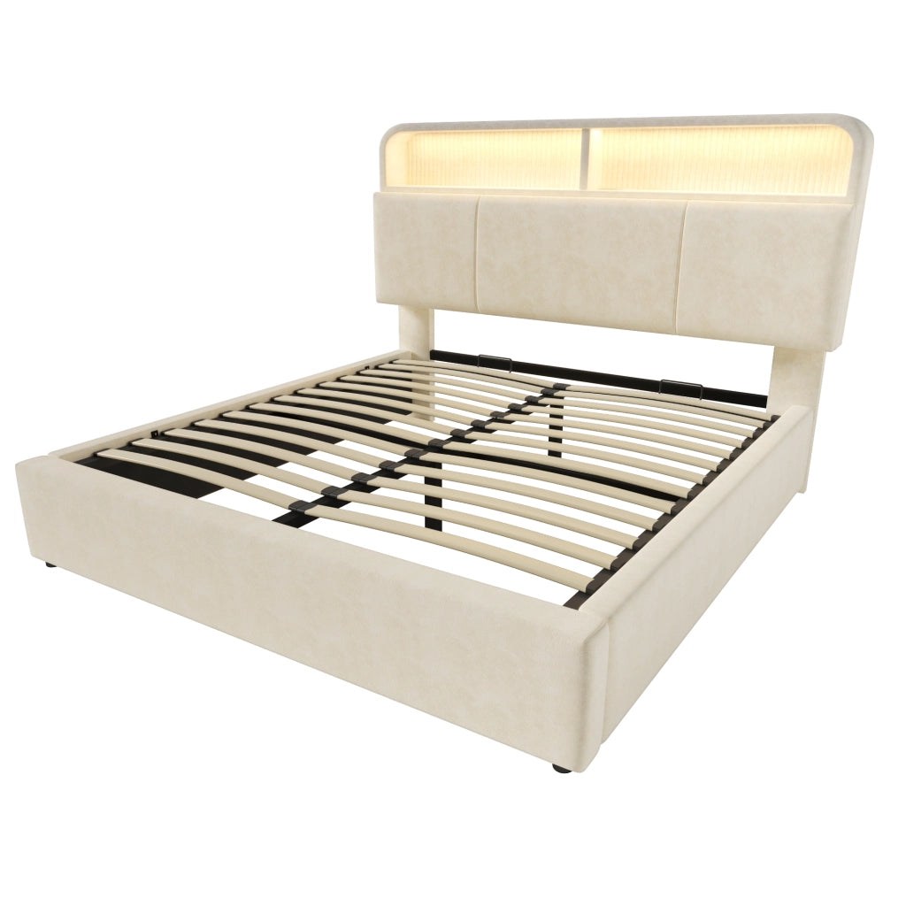 Letto matrimoniale 140x200 cm in velluto beige con testiera regolabile; LED; USB e contenitore