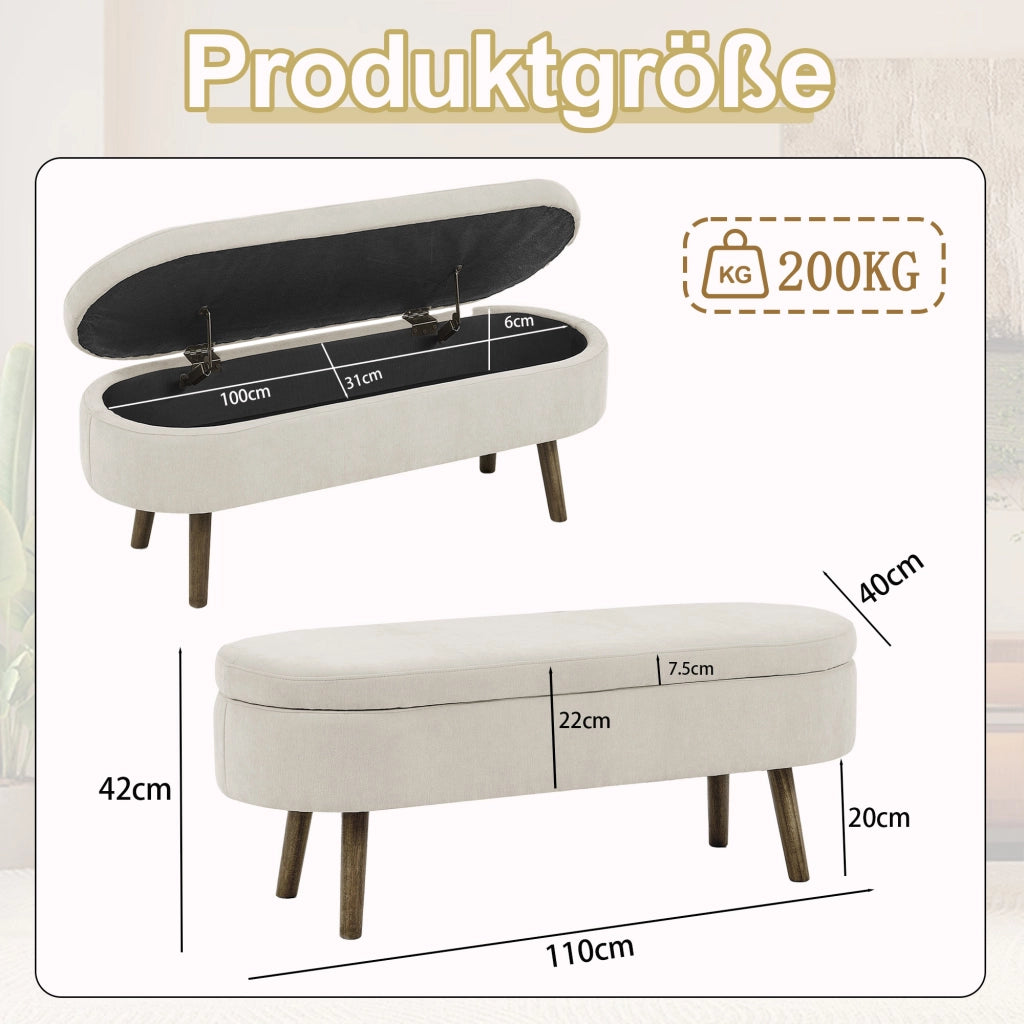 Panca contenitore in chenille beige con struttura in legno massello, 20L, 110x40x42 cm