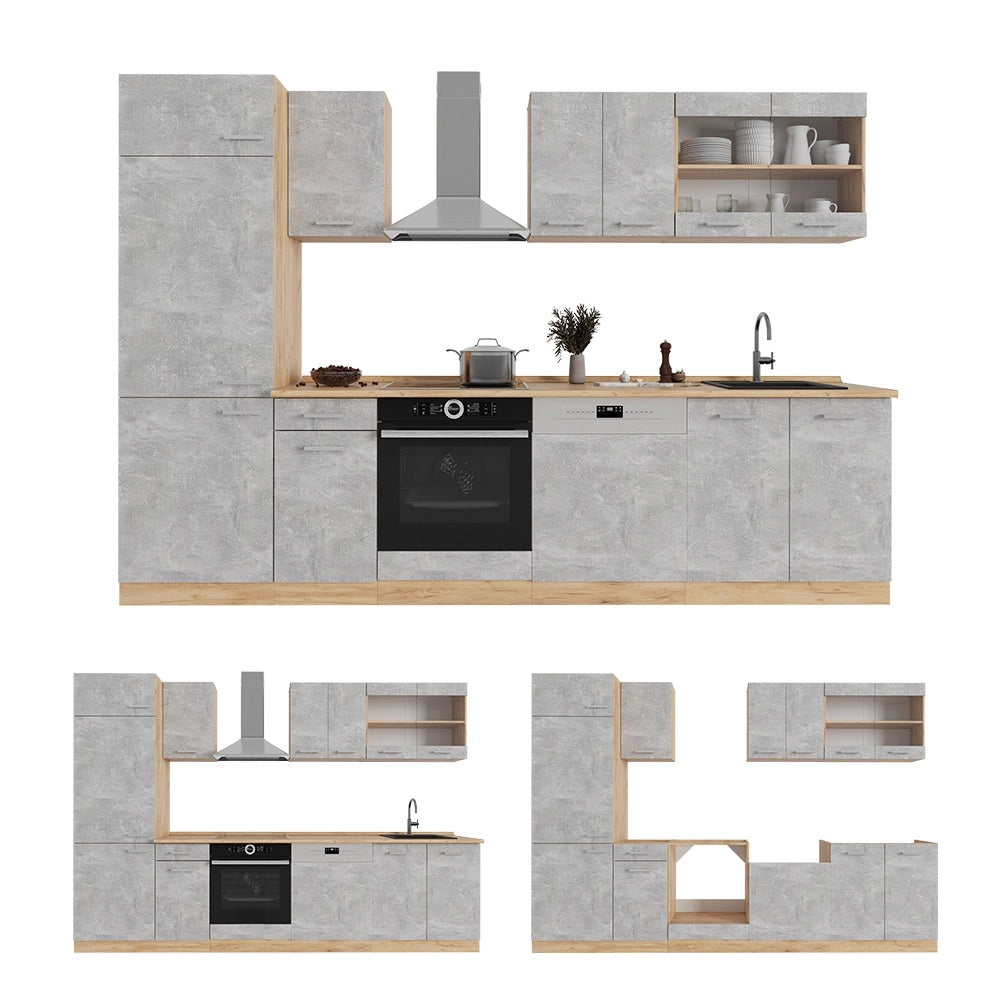 Cucina componibile R-Line Calcestruzzo/Rovere dorato 300 cm senza piano di lavoro Vicco