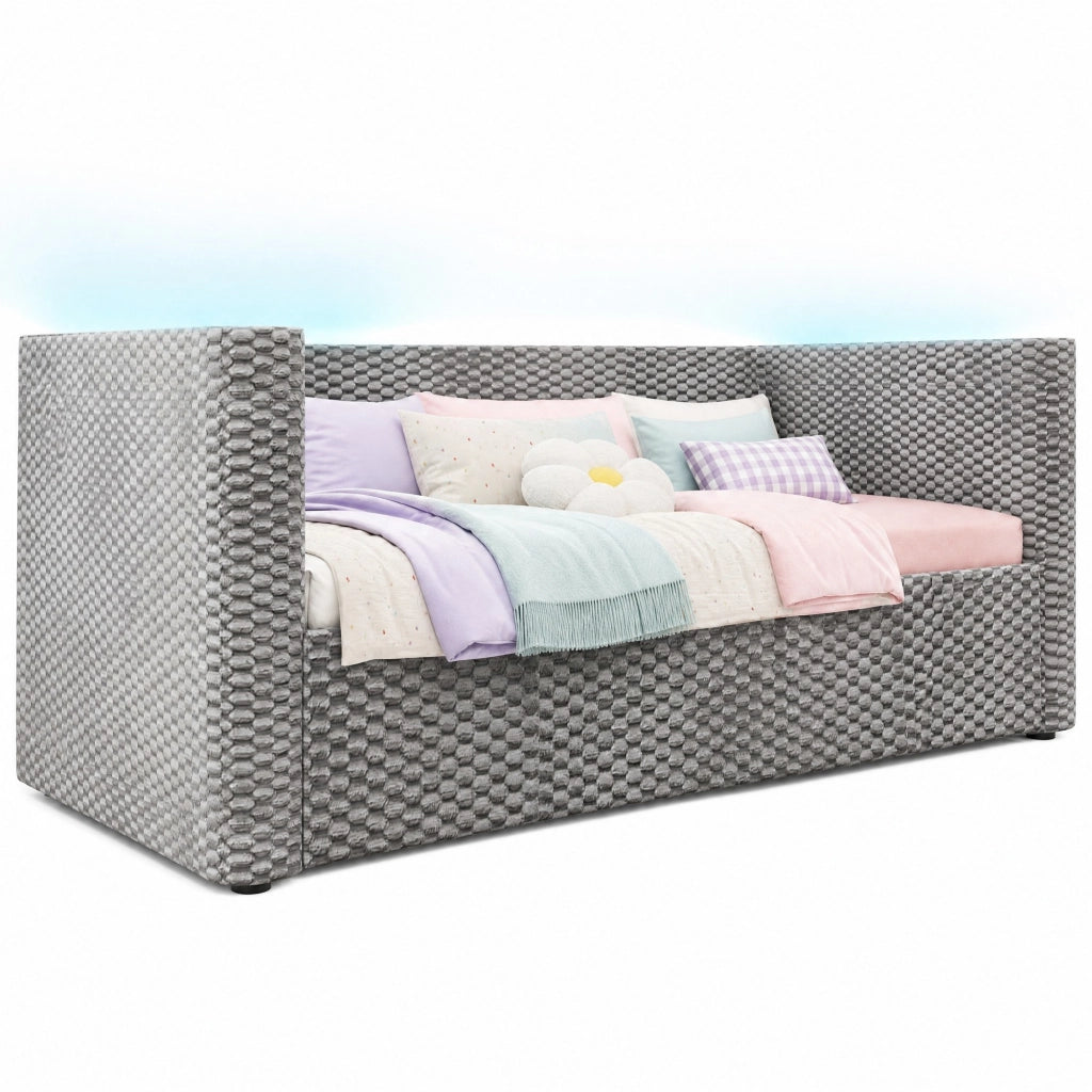Divano letto daybed 90x200 cm in velluto grigio con illuminazione LED e contenitore idraulico