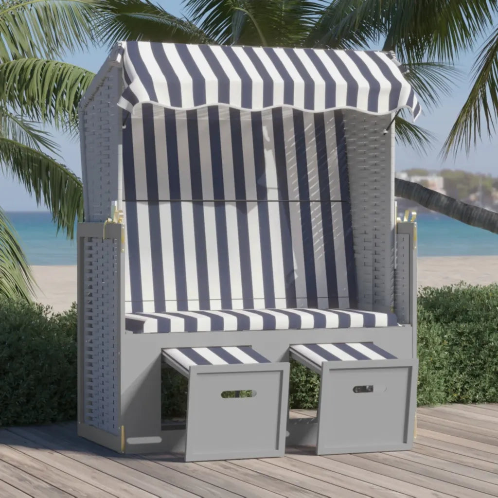 Strandkorb con Tettoia Polyrattan e Legno Massello Blu e Bianco 318651