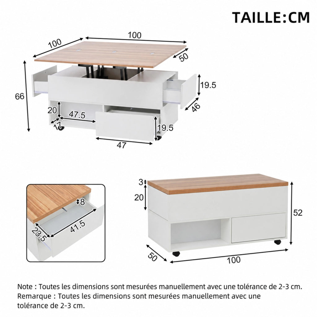 TAVOLINO DA CAFFÈ RIALZABILE 100 x 50 x 52 cm Bianco e Legno
