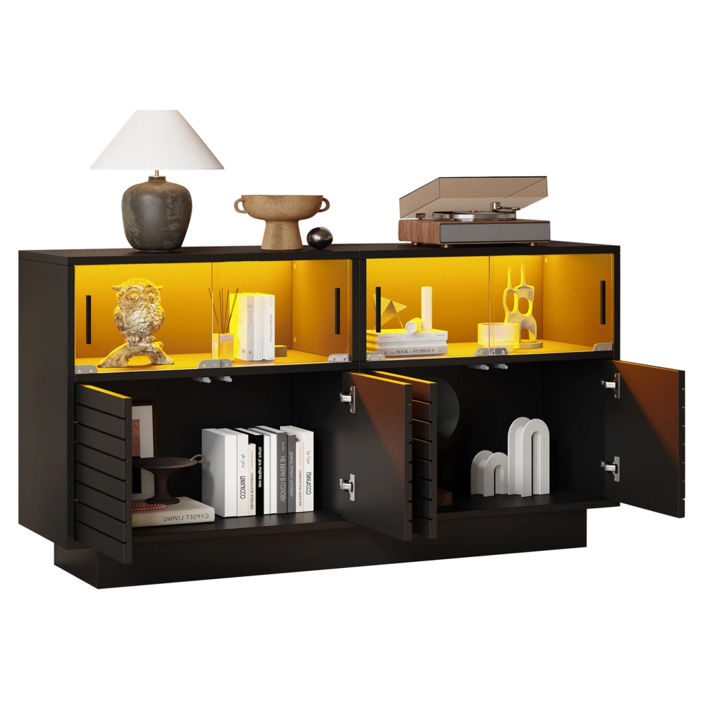 Credenza 130x35x68 cm con LED e ante scorrevoli in vetro; truciolato e vetro temperato nero