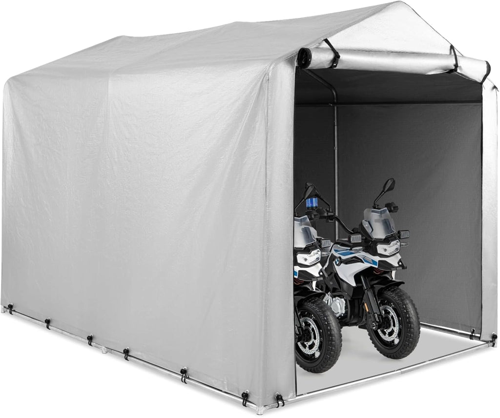 Capanno da Giardino 218 X 160 X 164 CM, Tenda Garage per Bici Moto Attrezzi, con Copertura en PE Impermeabile, Porta con Cerniera, Telaio in Metallo, Picchetti, per Esterno (Grigio Scuro)