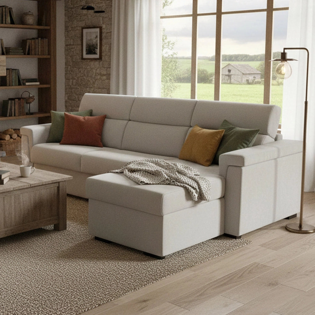 Ganzaria, Divano Letto con Penisola Sfoderabile Made in Italy, 285x160 cm Beige