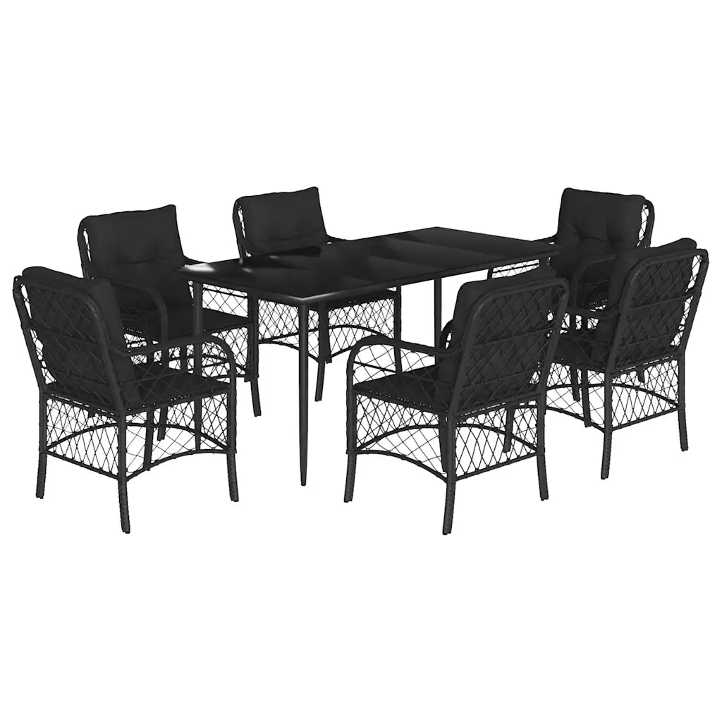 Set da Pranzo da Giardino 7 pz Nero con Cuscini in Polyrattan
