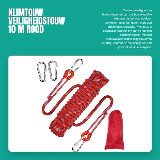 Tessuto di sicurezza 10 m - Corda di sicurezza - Nylon - Resistente ai raggi UV - Assorbimento shock - 2 ganci di carabina - Limite di carico 500 kg