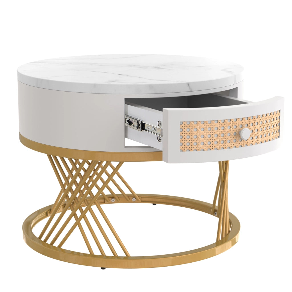 Set di 2 tavolini rotondi 70x70x45.5 cm e 50x50x38.5 cm; piano effetto marmo; MDF bianco