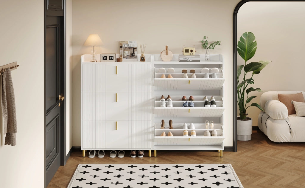 Scarpiera con ripiani regolabili e piano superiore divisorio, per ingresso, in MDF bianco, 80 × 23 × 123,5 cm