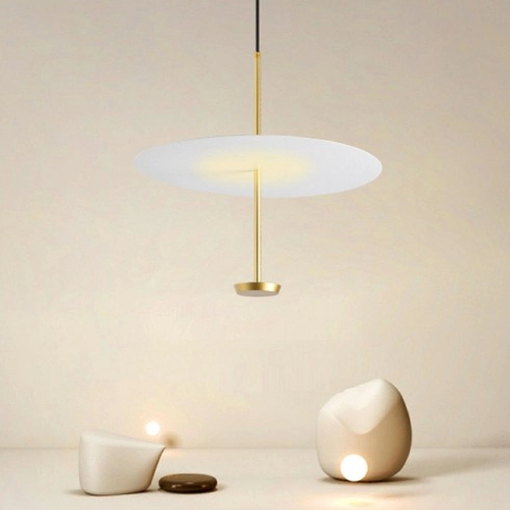 Trade Shop - Lampadario A Sospensione Luce 4000k Led 18w Disco Paralume Piatto Bianco Oro Tondo 33191 -
