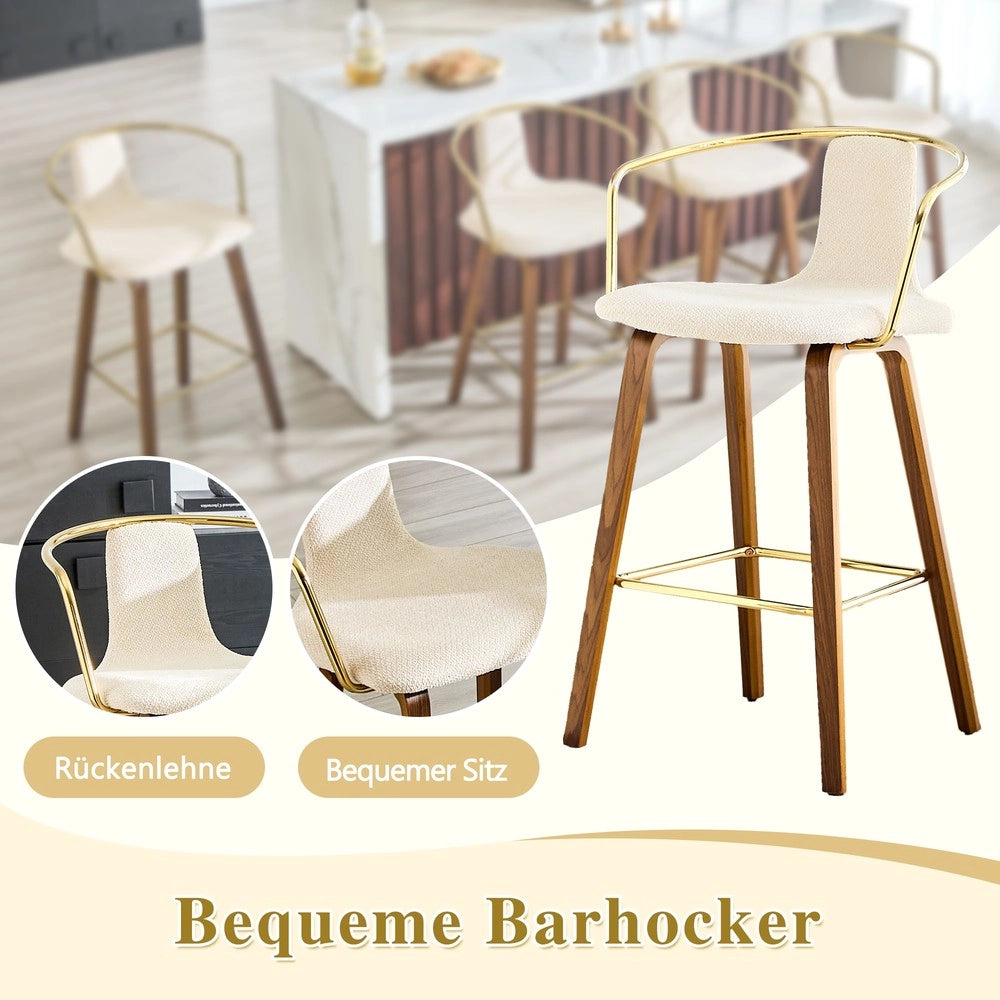 Set 2 Sgabelli da Bar con Braccioli ¨C MINIMAL ¨C Tessuto Teddy/Similpelle, Gambe in Legno, Poggiapiedi in Metallo