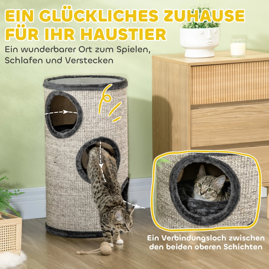 Tiragraffi per Gatti 3 Livelli ¨C Xylo ¨C Sisal, 38x38x70 cm, Grigio