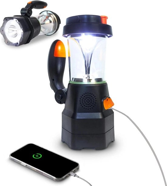 Lanterna LED portatile con radio di emergenza - ricaricabile via USB & maniglia - lampada da campeggio con funzione SOS e powerbank per dispositivi mobili