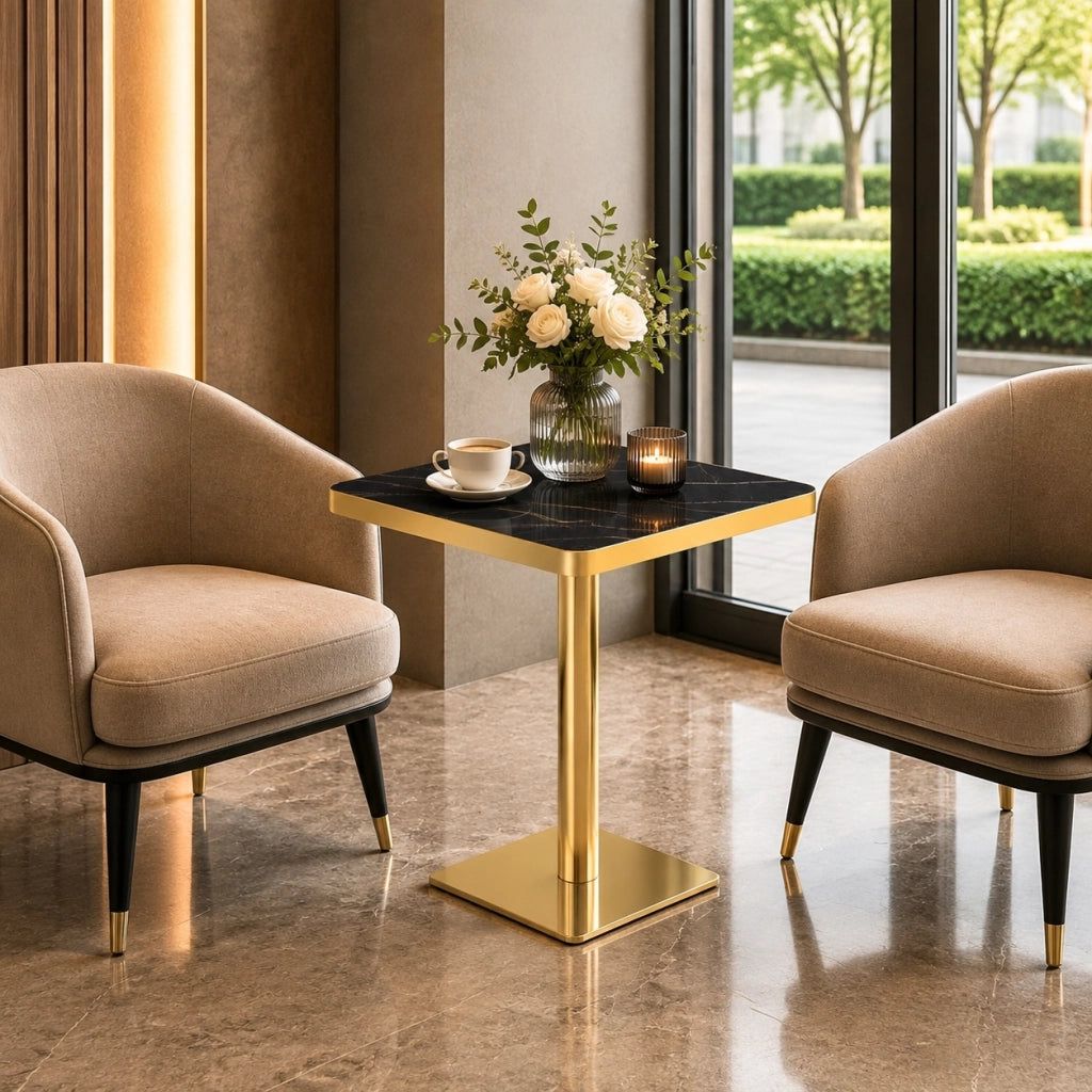 Tavolo da pranzo per 2-4 persone con base quadrata in metallo finitura effetto marmo nero 60 × 60 × 74 cm