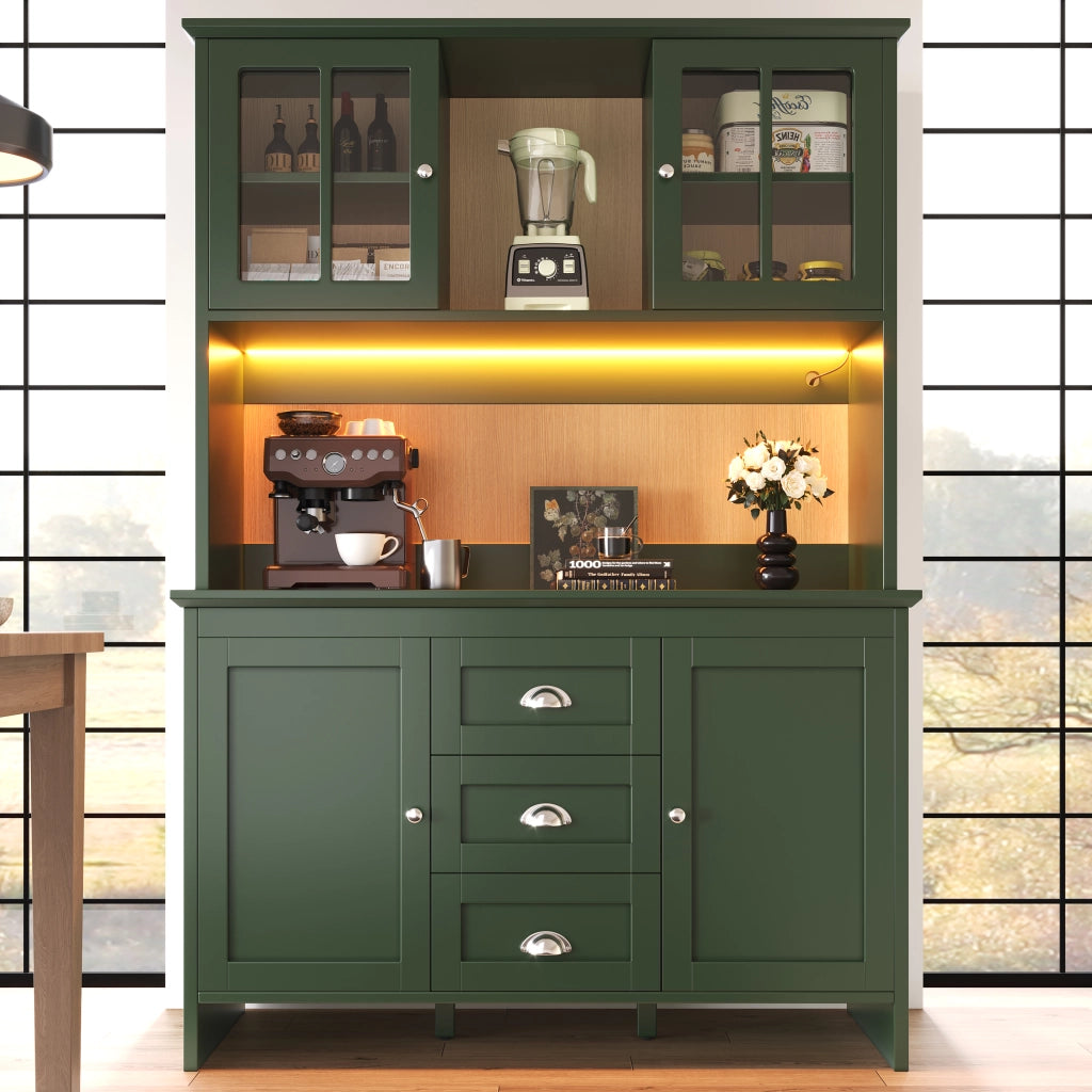 Credenza Alta da Cucina con Ante in Vetro e LED ¨C Xylo ¨C Verde, 120x40x179 cm