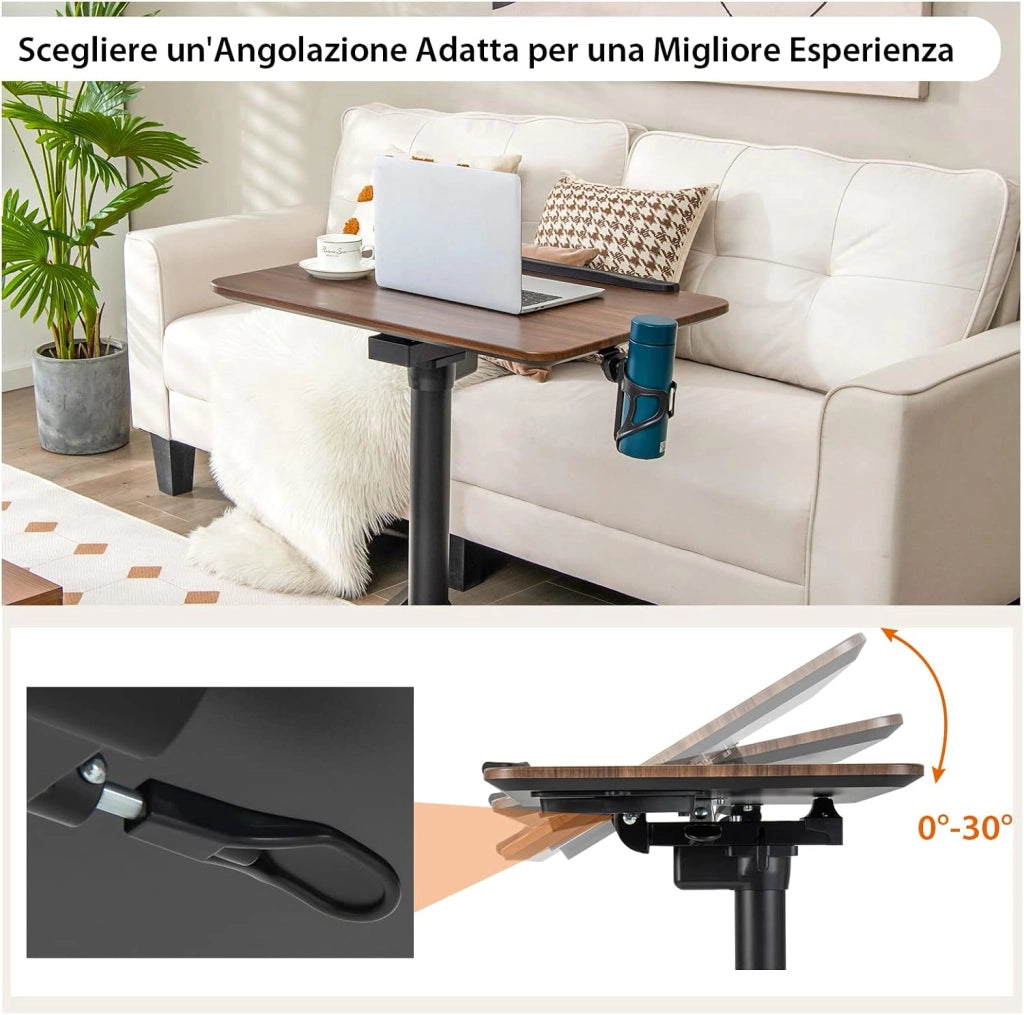 Scrivania Regolabile in Altezza, Tavolino da Letto e Divano Inclinabile con Ruote, Deflettore Anticaduta e Porta Bicchieri, Tavolino per Ufficio e Casa, 72 x 50 x 74-107 cm