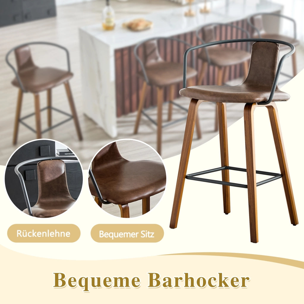 Sgabello da bar con braccioli in legno e metallo con seduta imbottita e poggiapiedi marrone 68 × 52,5 × 44 cm