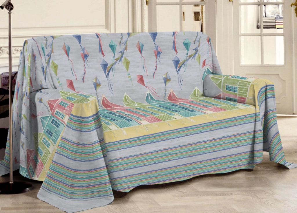 Telo Arredo Multiuso Linea Pensieri Delicati In Cotone Disegno Aquiloni - Matrimoniale - Grigio