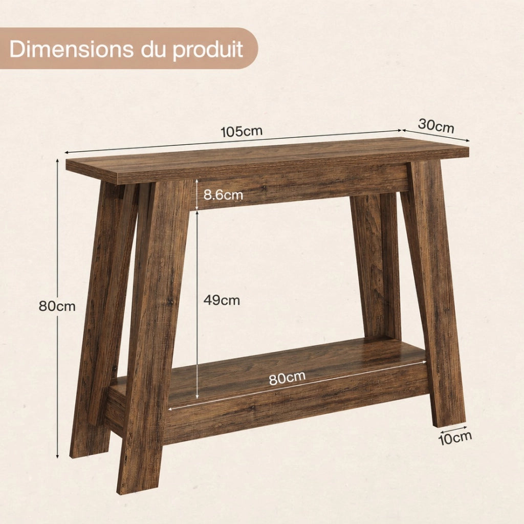 Consolle con 2 ripiani aperti salvaspazio per ingresso e dietro divano in MDF marrone rustico 105 × 30 × 80 cm