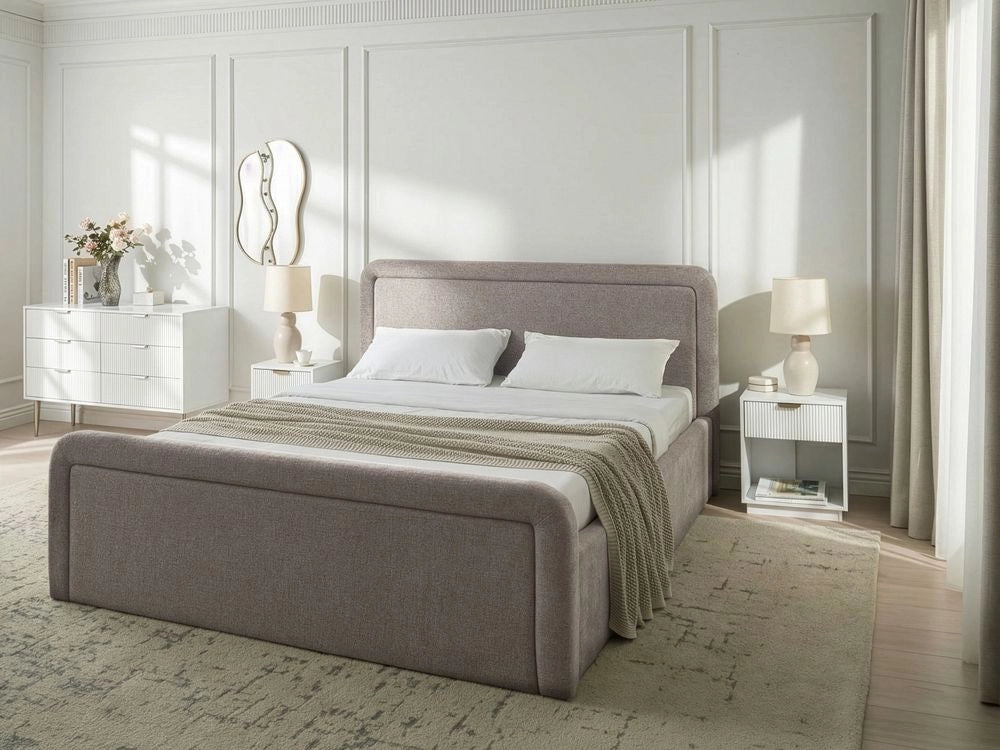 Letto contenitore rivestito in tessuto grigio marrone 160 x 200 cm testiera asimmetrica a gradini in stile scandinavo