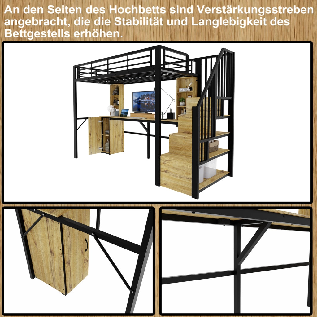 Letto a soppalco 90x200 cm con scrivania; scale contenitore e USB in metallo; compensato e MDF nero