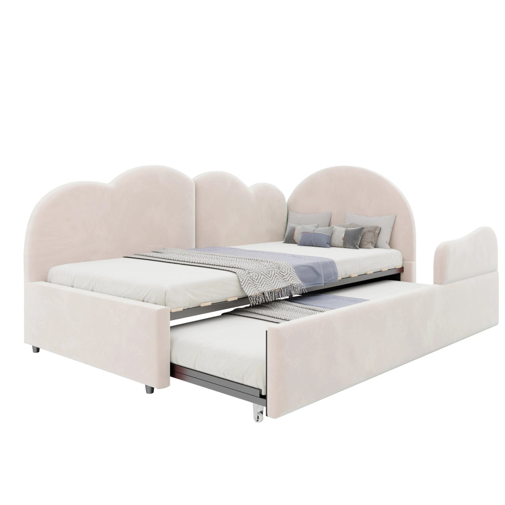 Letto imbottito a scomparsa a L con testiera a forma di nuvola in velluto beige per camera da letto e ospiti