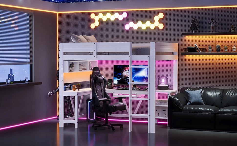 Letto gaming con scrivania - Xylo - 90x200 - Bianco - LED, ricarica, scaffali