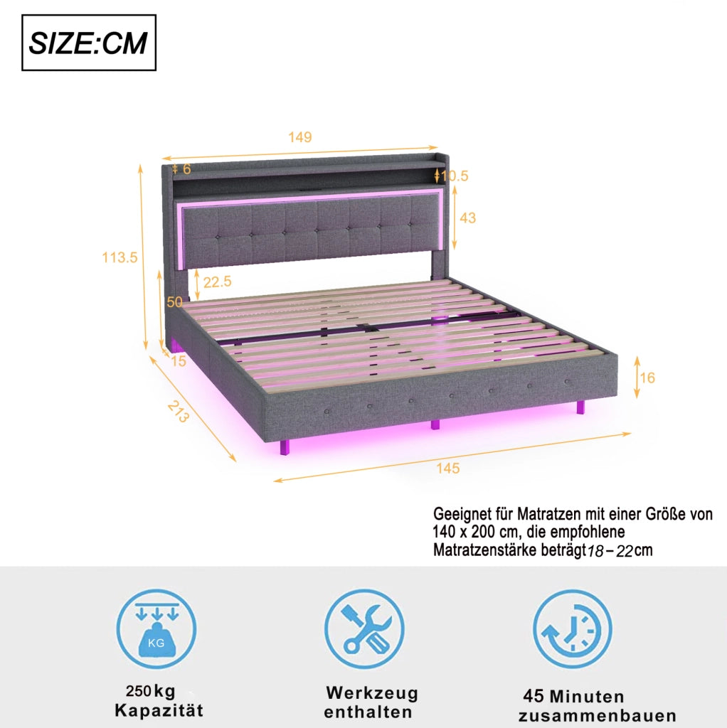 Letto imbottito 140x200 con USB, LED e struttura resistente