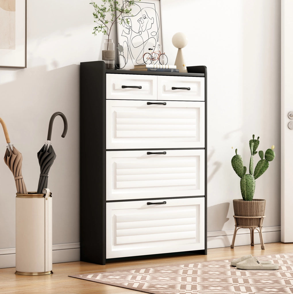 Scarpiera 80x23.5x131 cm con 3 scomparti girevoli e 2 cassetti in pannello truciolare bianco e nero