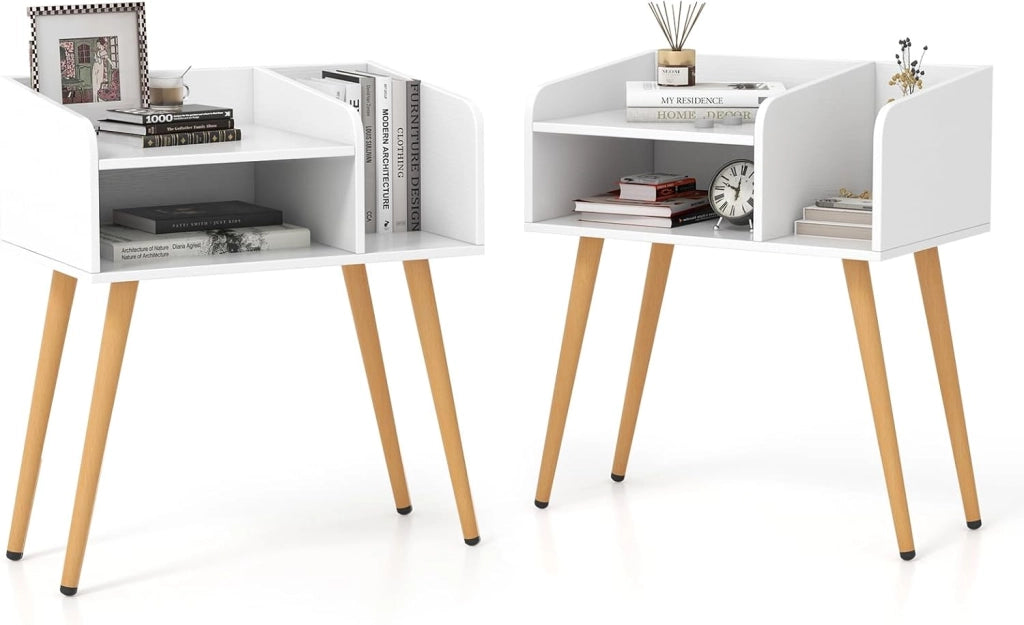Comodino, comodino con 3 scomparti aperti, tavolino in legno con 4 gambe di supporto in metallo, comodino per soggiorno, camera da letto, 50 x 32 x 58 cm (bianco + naturale)
