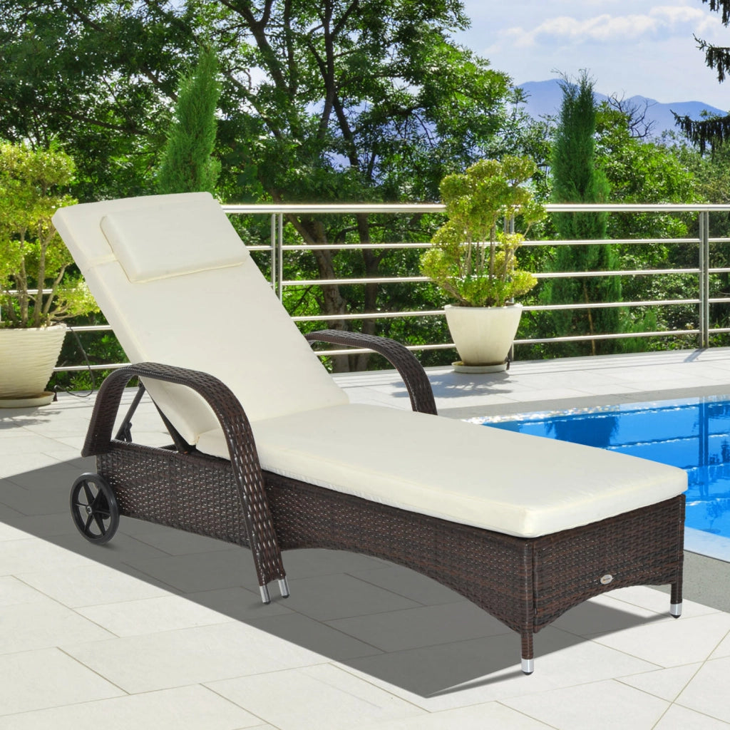 Easycomfort Lettino Prendisole da Giardino con Ruote, Sedia a Sdraio per Spiaggia con Altezza Regolabile in Rattan, Marrone e Crema, 200x73x103cm