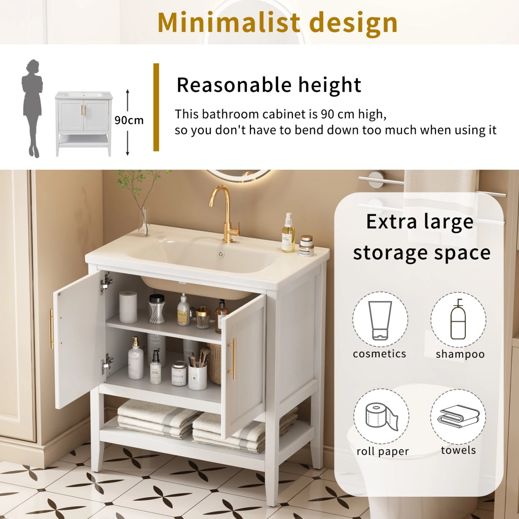 Mobile sottolavabo con lavabo in ceramica e vano inferiore aperto, struttura a pavimento, per bagno, in MDF, bianco