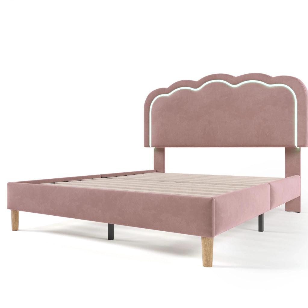 Letto matrimoniale 140x200 cm con testiera regolabile e LED; velluto rosa