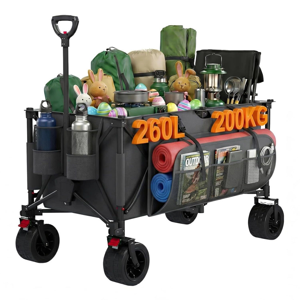 260L carrello spiaggia Massimo 200kg carrello con ruote portatutto grandi,carrellos pieghevole Con Braccioli Regolabili e Tasche Laterali per Giardino Campeggio Ogni Tipo di Terreno, Grigio