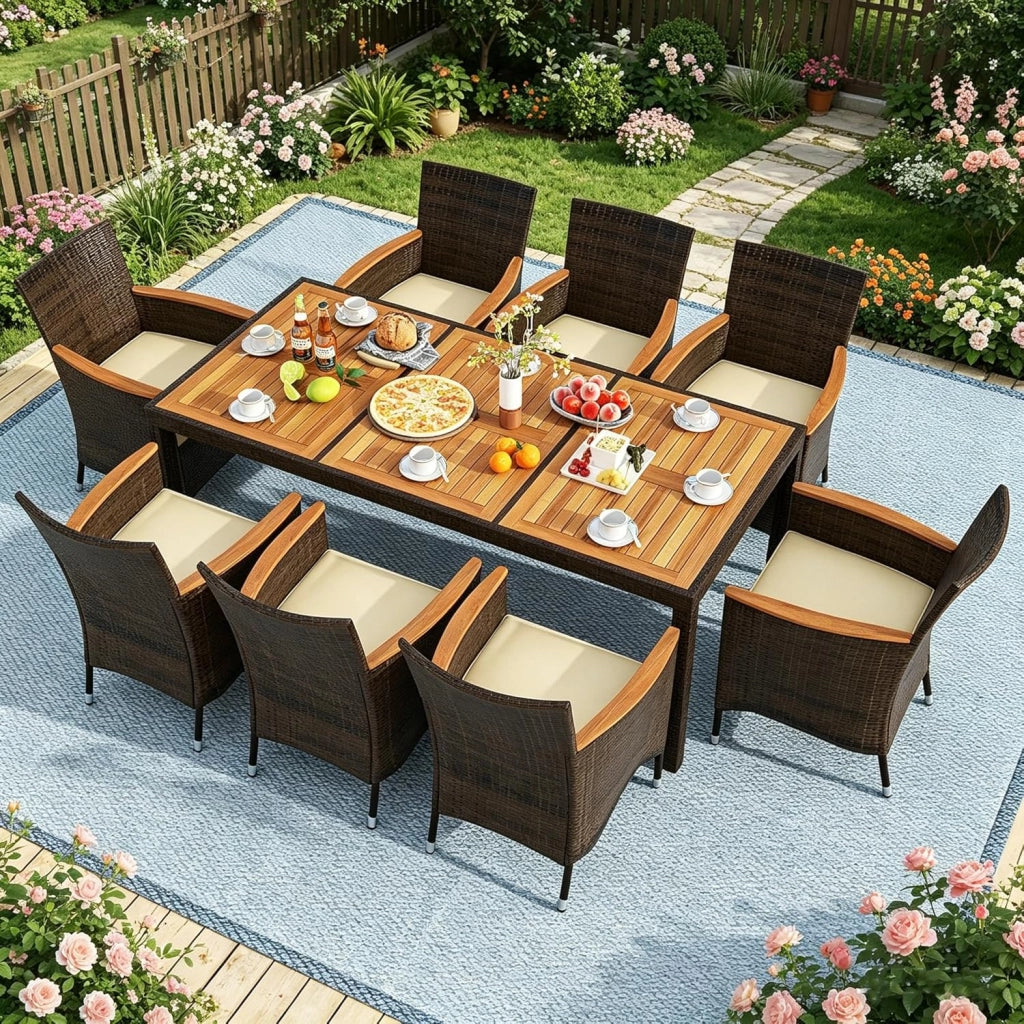 Set da Giardino Esterno 9 Pezzi, Tavolo e Sedie da Giardino in PE Rattan con Foro per Ombrellone 5 CM, Salotto da Esterno con Cuscini Morbidi per Terrazza e Patio, Portata 180 KG e 150 KG