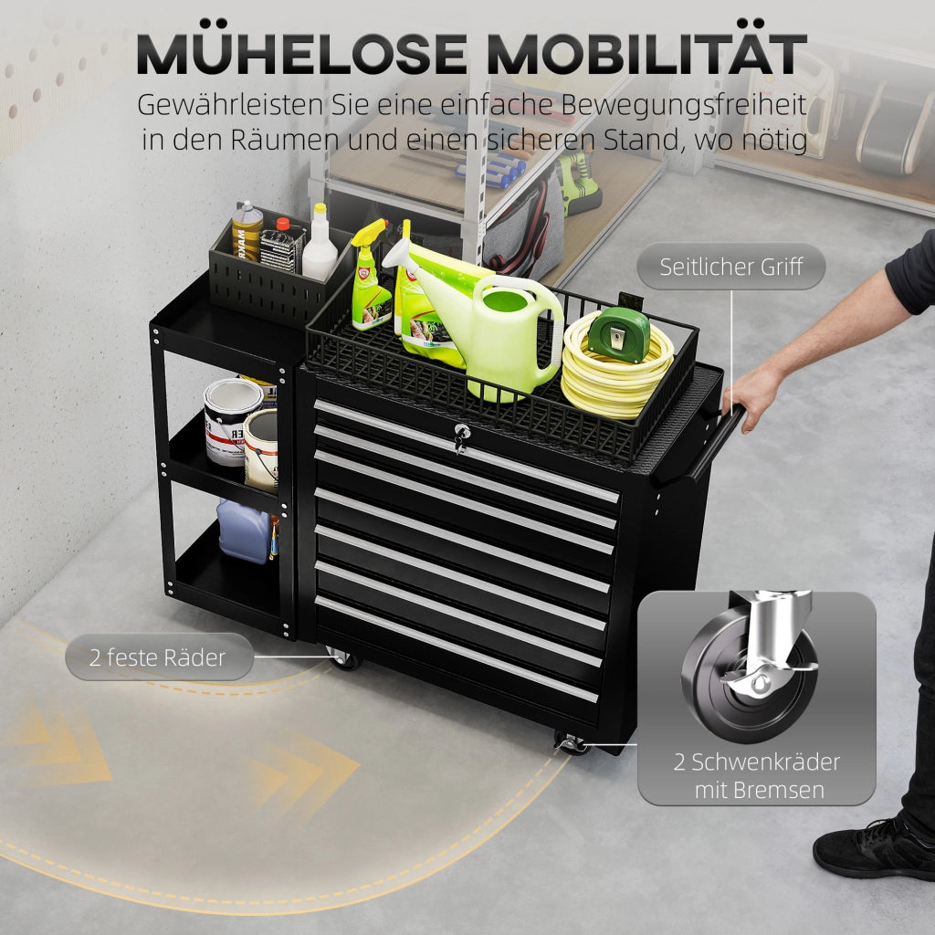 Carrello per utensili con 7 cassetti e scaffale laterale rimovibile ¨C zephmum ¨C Nero, metallo, 96x33.5x75 cm