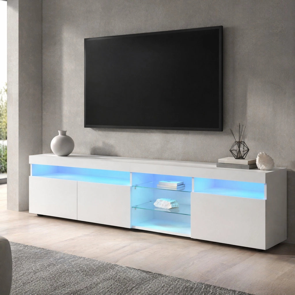 Mobile TV moderno bianco lucido 180 cm con LED variabile e ante in vetro laminato