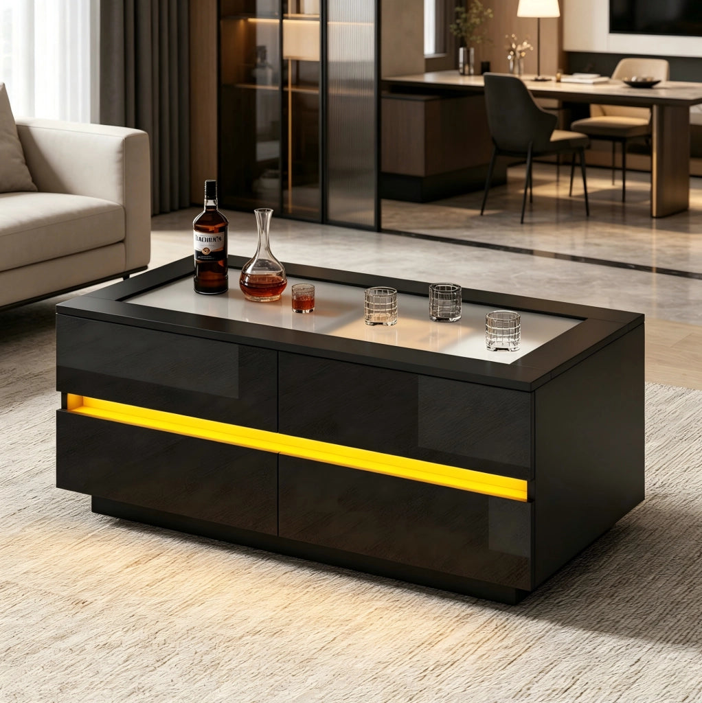 Tavolino da caffè con 4 cassetti e LED 100x50x40 cm in truciolare nero